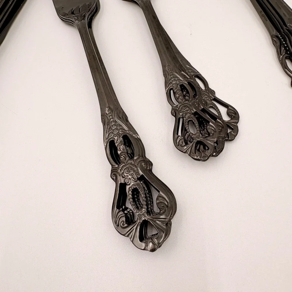 Baroque Gunmetal Black Rose Filigree Flatware 20pc Gothic Victorian Halloween